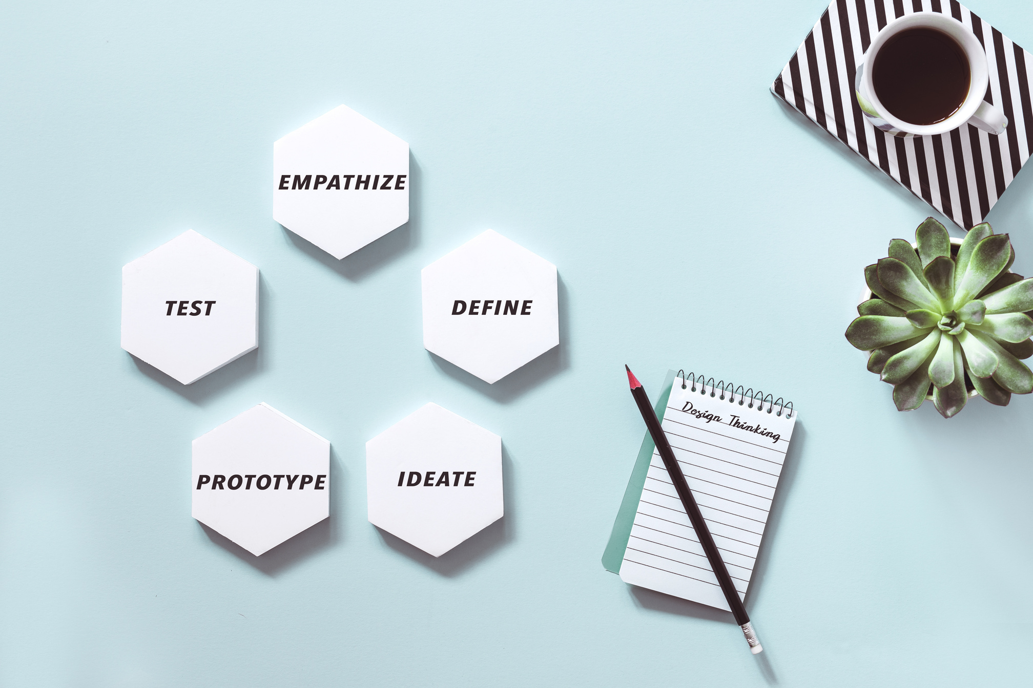 Design thinking process diagram. Modern approach to management project. Blue background.